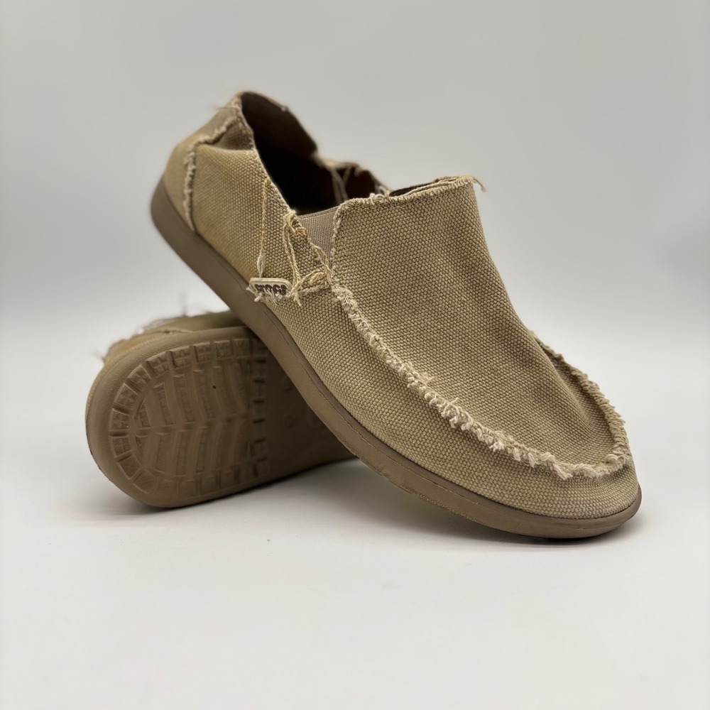 Crocs Santa Cruz Mens Khaki Canvas Slip On Loafers Frayed Tan Shoes Size 12